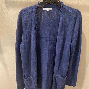 Duchess Navy Confetti Fringed Cotton Ribbed Knit Cardigan